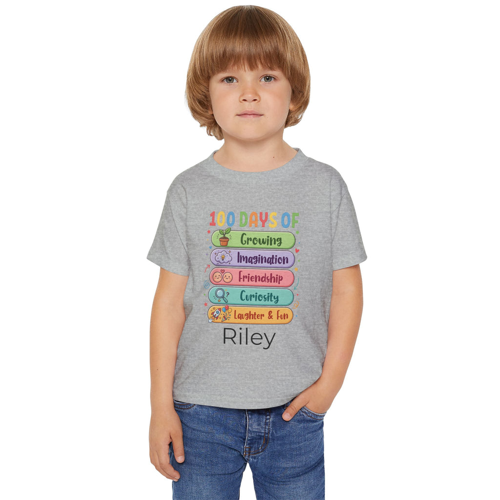 Child wearing personalised 100 Days of School toddler tee - school milestone lifestyle photo