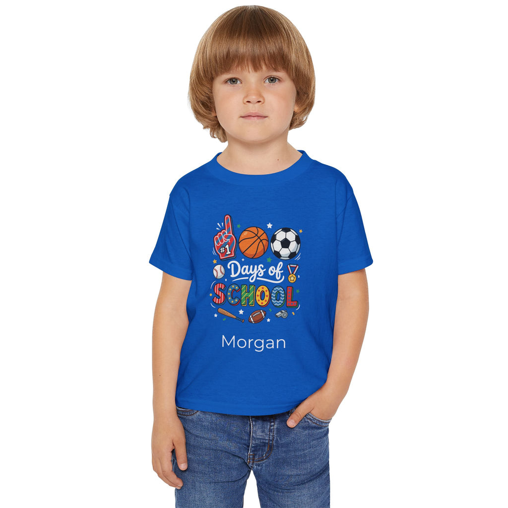 Close-up of 100 Days of School basketball soccer football sports design with custom name on toddler tee