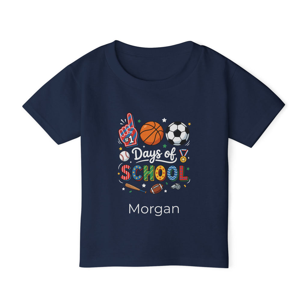 Personalised 100 Days of School sports toddler tee - navy colour with custom name front view
