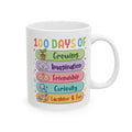 Personalised 100 Days of School mug with custom name - colourful Growing Imagination design front view