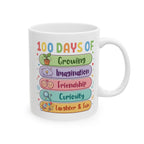 Personalised 100 Days of School mug with custom name - colourful Growing Imagination design front view