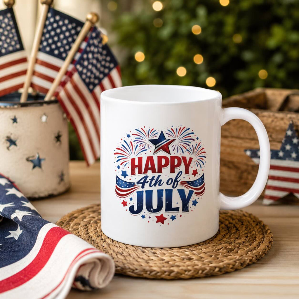 Happy 4th of July mug styled with American flags, patriotic bunting, and string lights