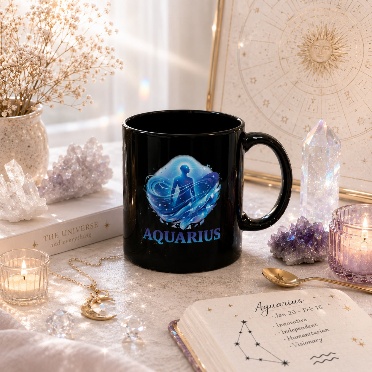 Aquarius zodiac design detail on black mug