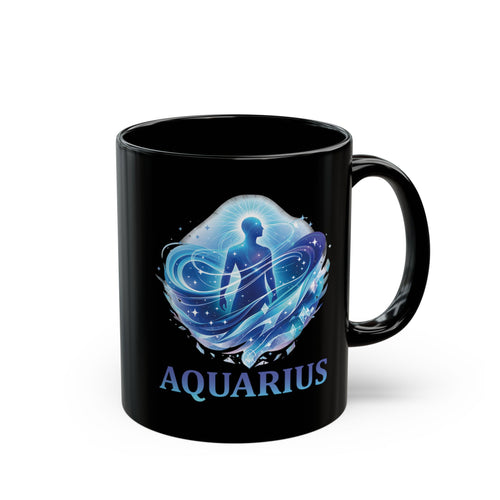 Aquarius zodiac black ceramic mug – front view