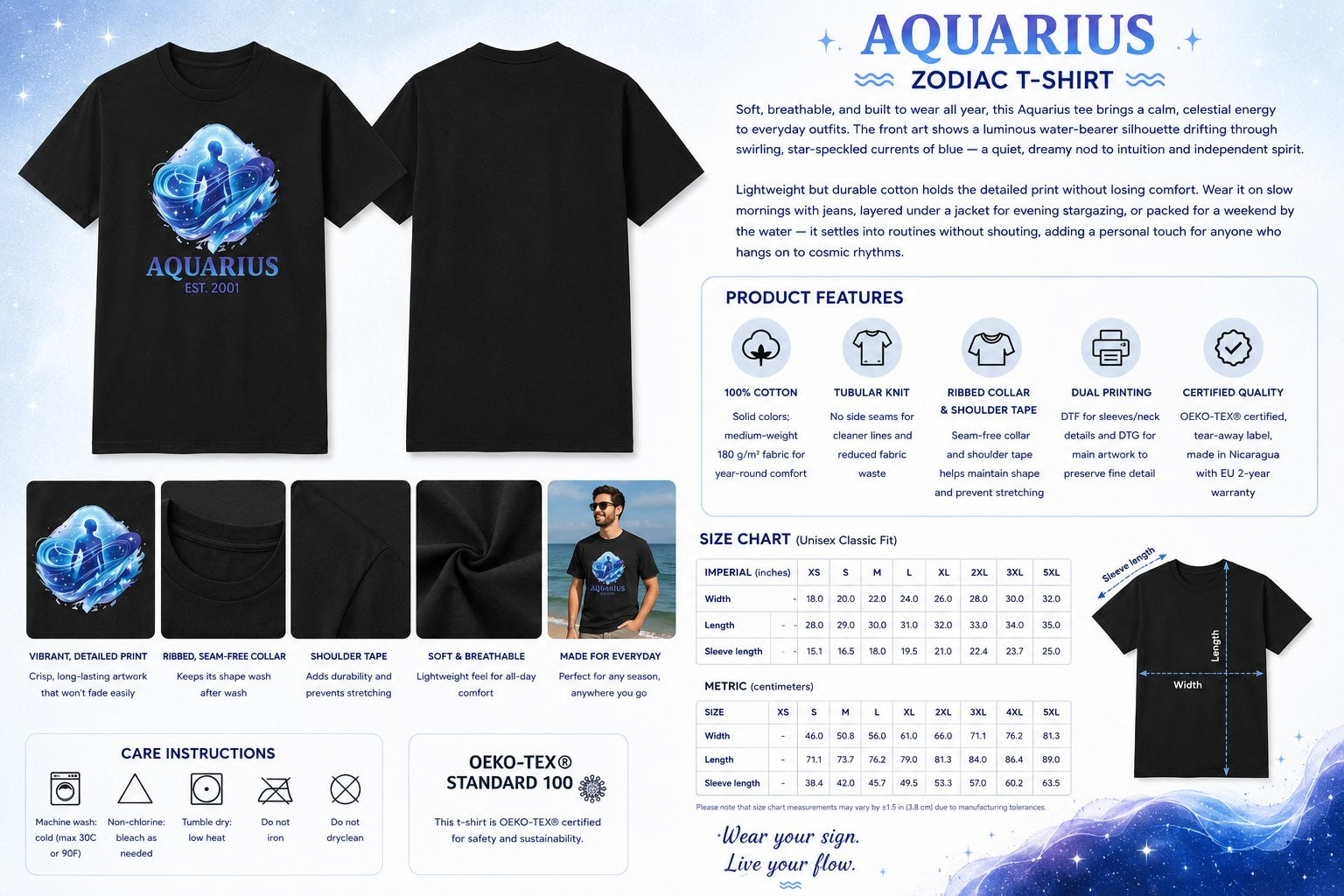 Aquarius zodiac t-shirt back view, plain solid color
