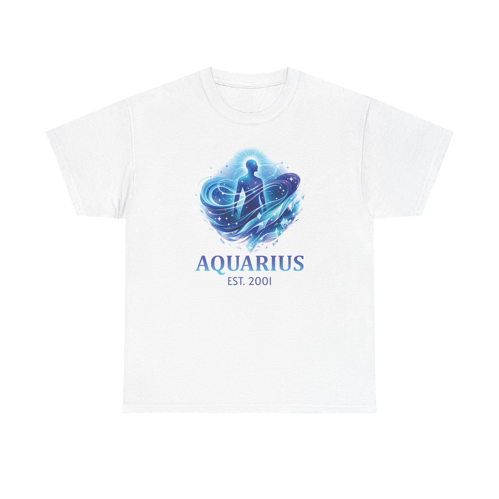 Close-up of ribbed collar and shoulder tape on Aquarius tee