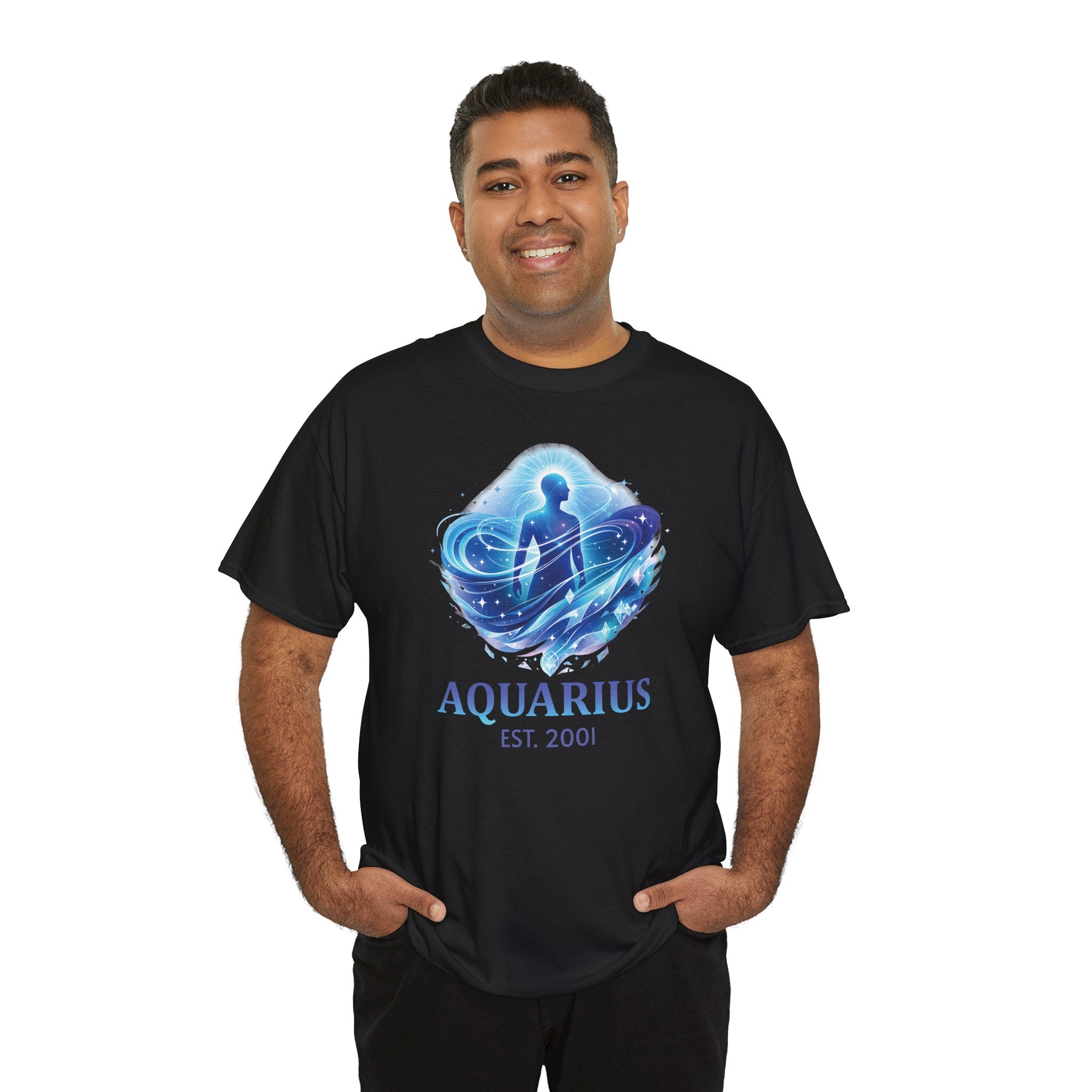 Model wearing personalized Aquarius zodiac t-shirt, back view
