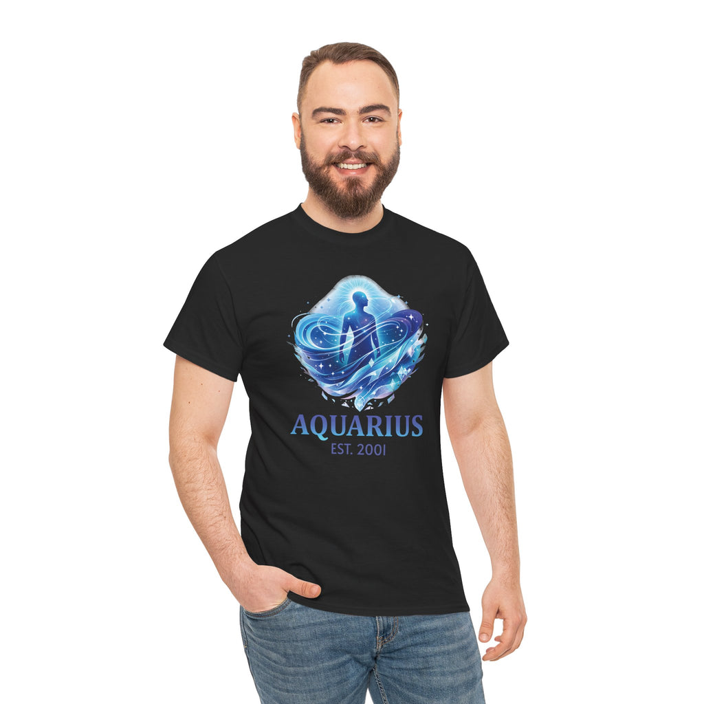 Model wearing personalized Aquarius zodiac t-shirt, front view