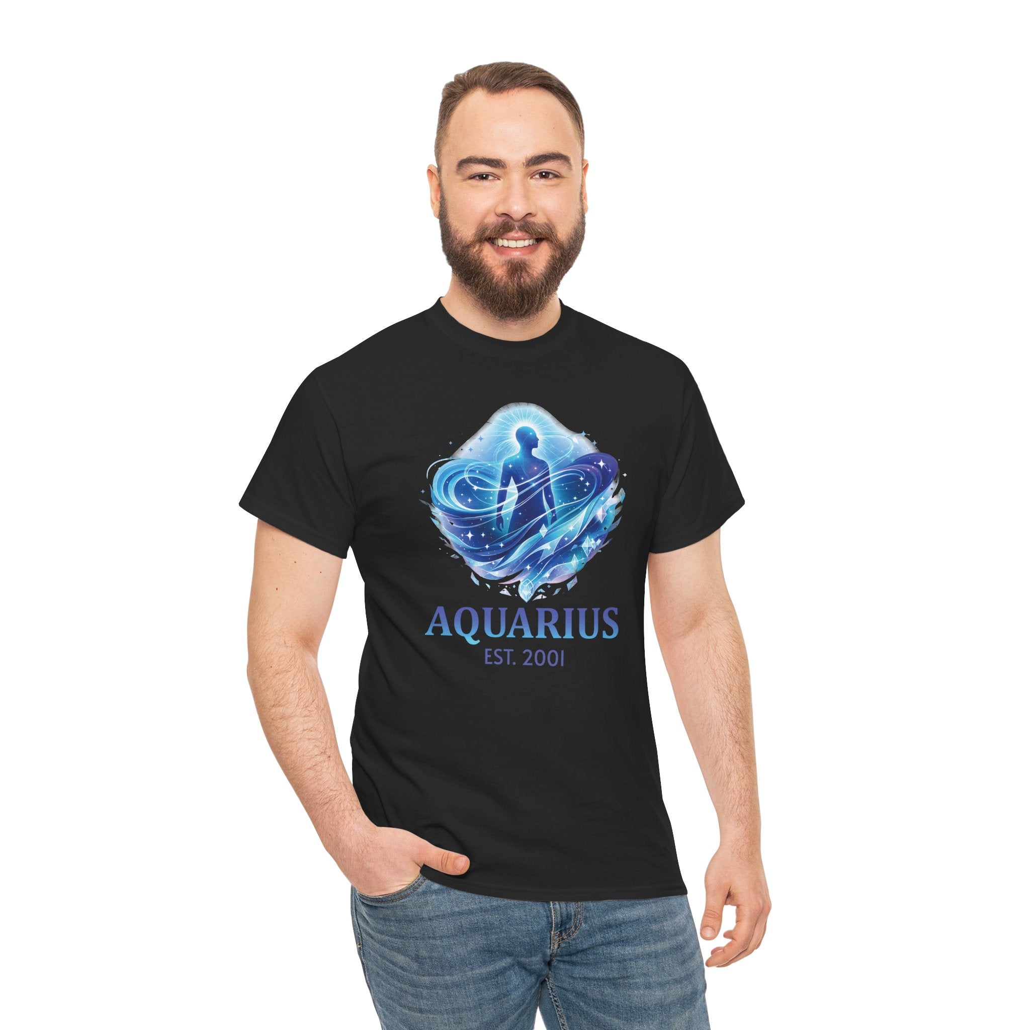 Model wearing personalized Aquarius zodiac t-shirt, front view