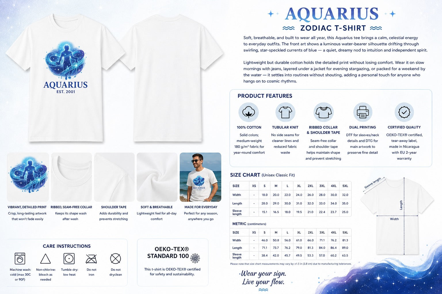 Close-up of personalized EST. year text on Aquarius zodiac tee