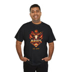 Model wearing personalized Aries zodiac t-shirt, back view