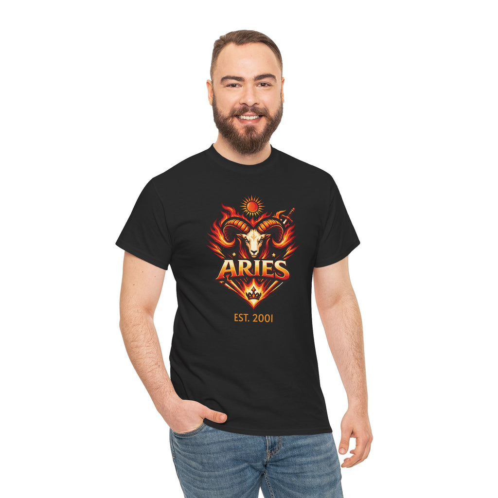 Model wearing personalized Aries zodiac t-shirt, front view