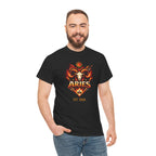 Model wearing personalized Aries zodiac t-shirt, front view