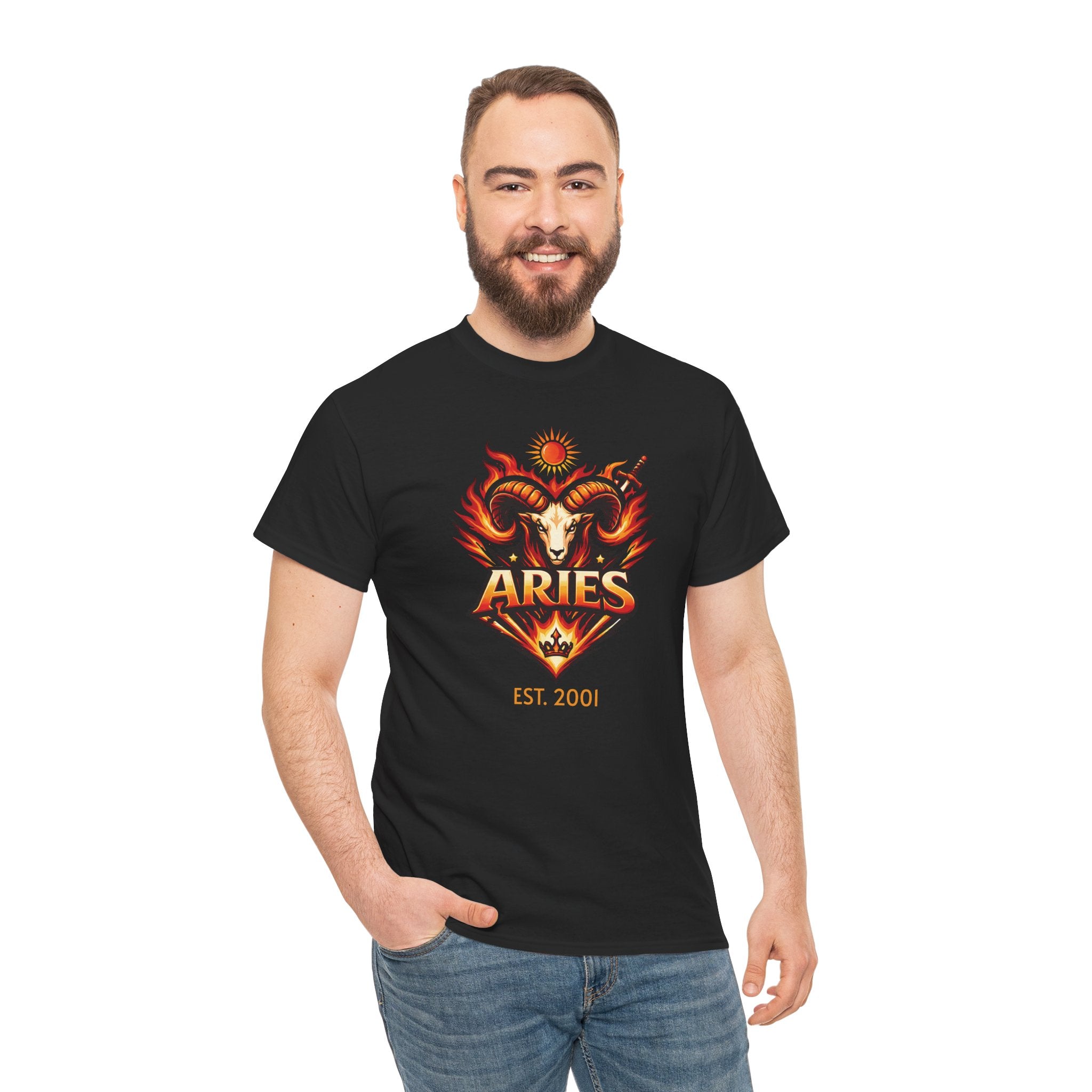 Model wearing personalized Aries zodiac t-shirt, front view
