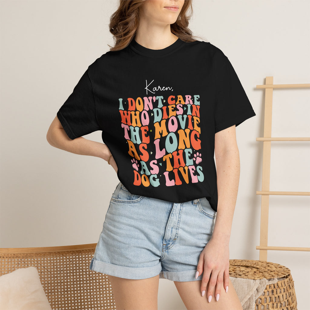 Woman on sofa wearing funny dog lover T-shirt with custom name