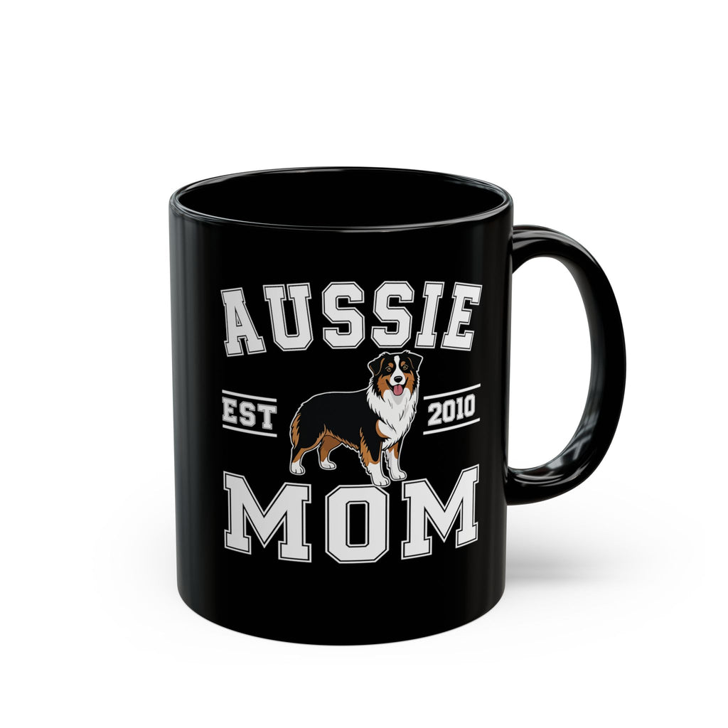 Personalised Aussie Mom black mug - varsity design with Australian Shepherd and custom name and year
