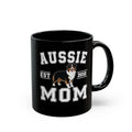 Personalised Aussie Mom black mug - varsity design with Australian Shepherd and custom name and year