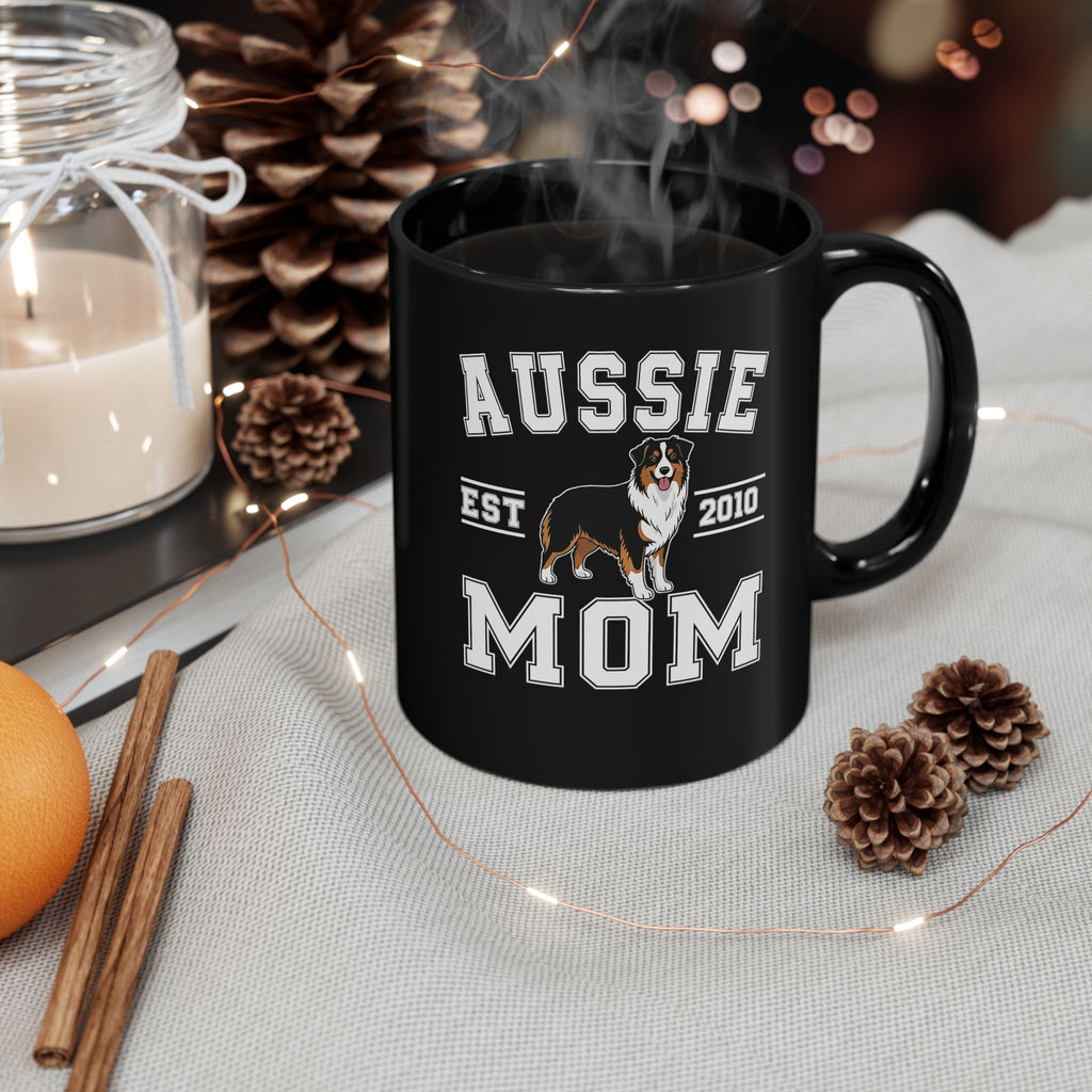 Aussie Mom custom name black mug in cosy setting - lifestyle photo