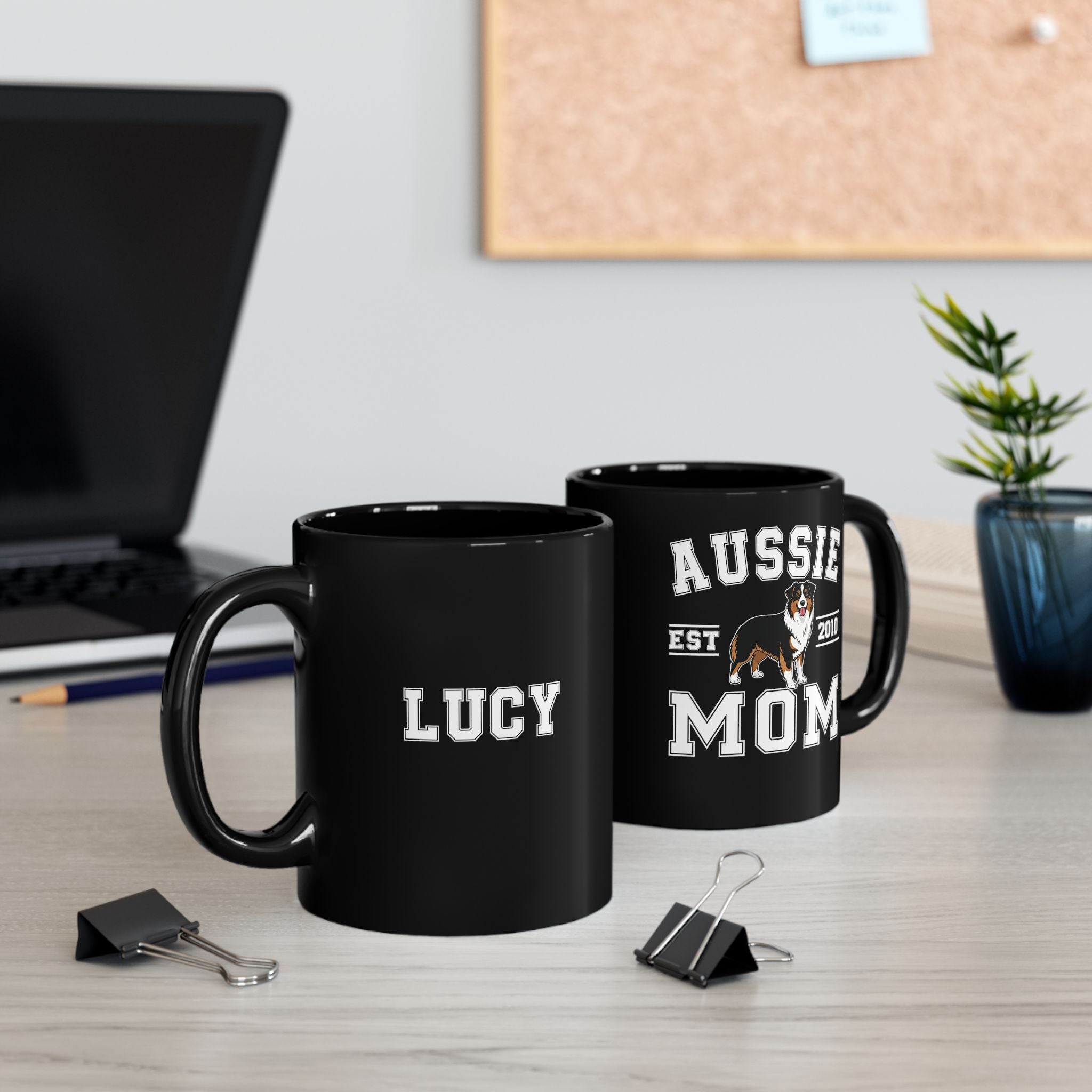 Personalised Aussie Mom black mug on desk - lifestyle photo