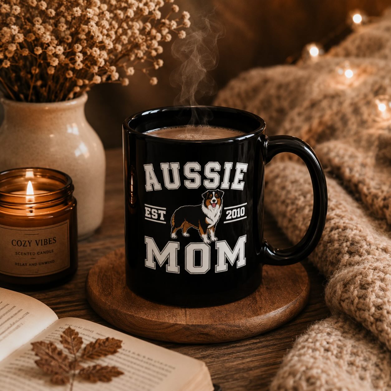 Aussie Mom black mug personalized with year, styled with candle, dried flowers, and cozy knit blanket