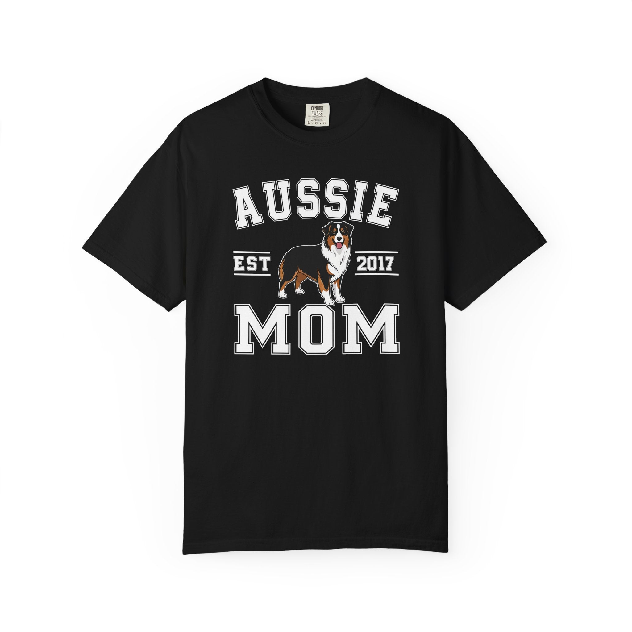 Personalised Aussie Mom T-shirt with custom year - Australian Shepherd varsity tee front view