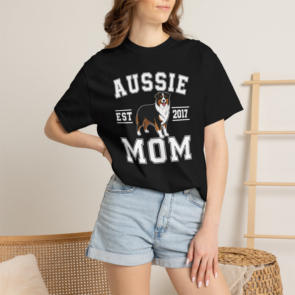 Aussie Mom tee with Australian Shepherd illustration worn outdoors - lifestyle photo