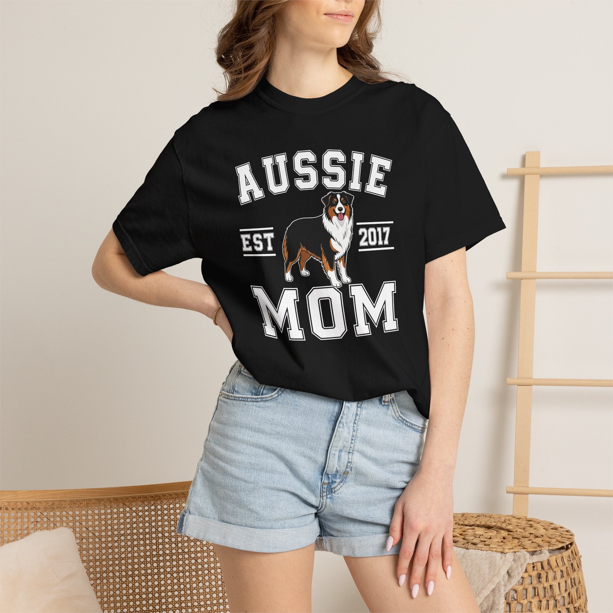Aussie Mom tee with Australian Shepherd illustration worn outdoors - lifestyle photo