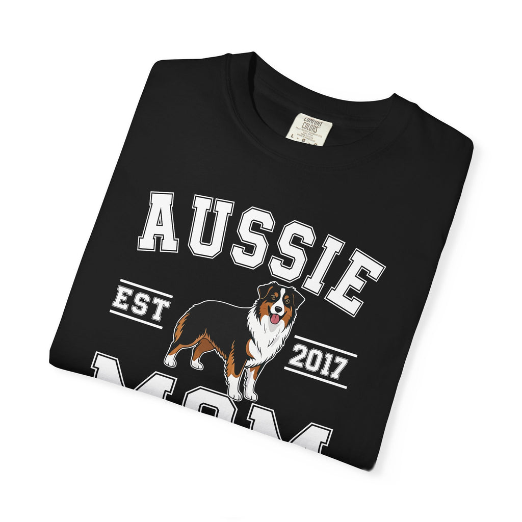 Woman wearing personalised Aussie Mom varsity T-shirt - lifestyle photo