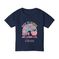 Personalised Back to School Looking Cool toddler tee - navy colour with custom name front view