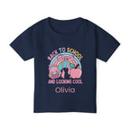 Personalised Back to School Looking Cool toddler tee - navy colour with custom name front view