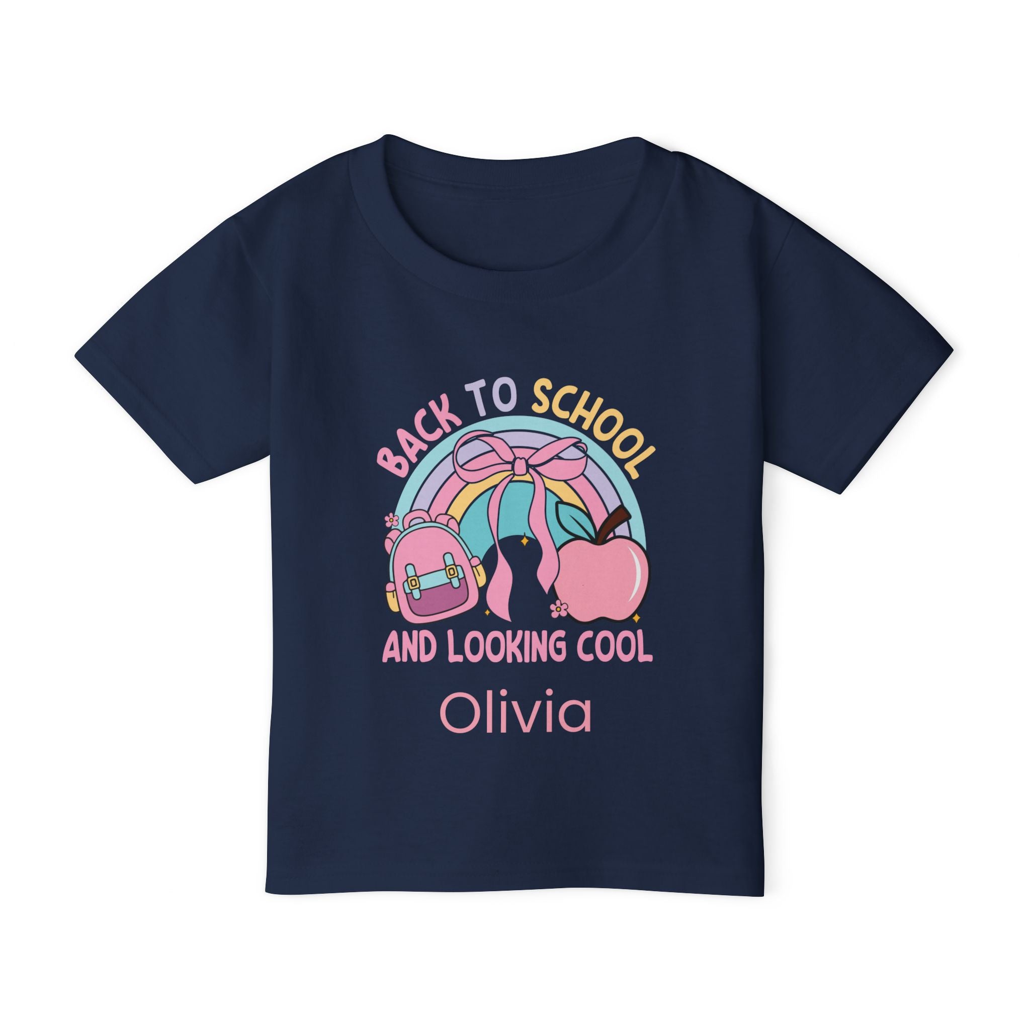 Personalised Back to School Looking Cool toddler tee - navy colour with custom name front view