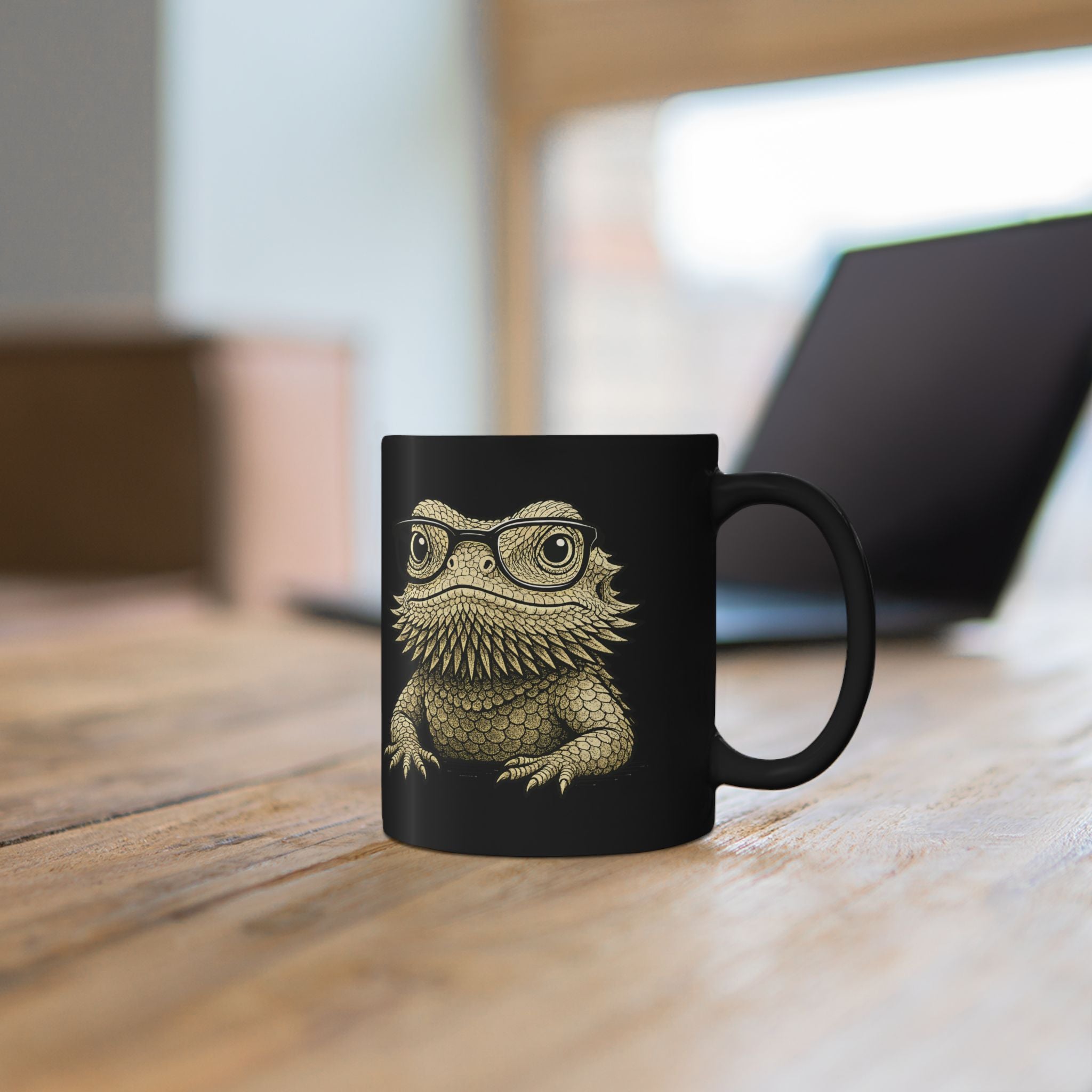 Close-up of bearded dragon with glasses illustration on personalised black ceramic mug