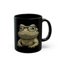 Personalised bearded dragon black mug with custom name - illustrated beardie with glasses front view
