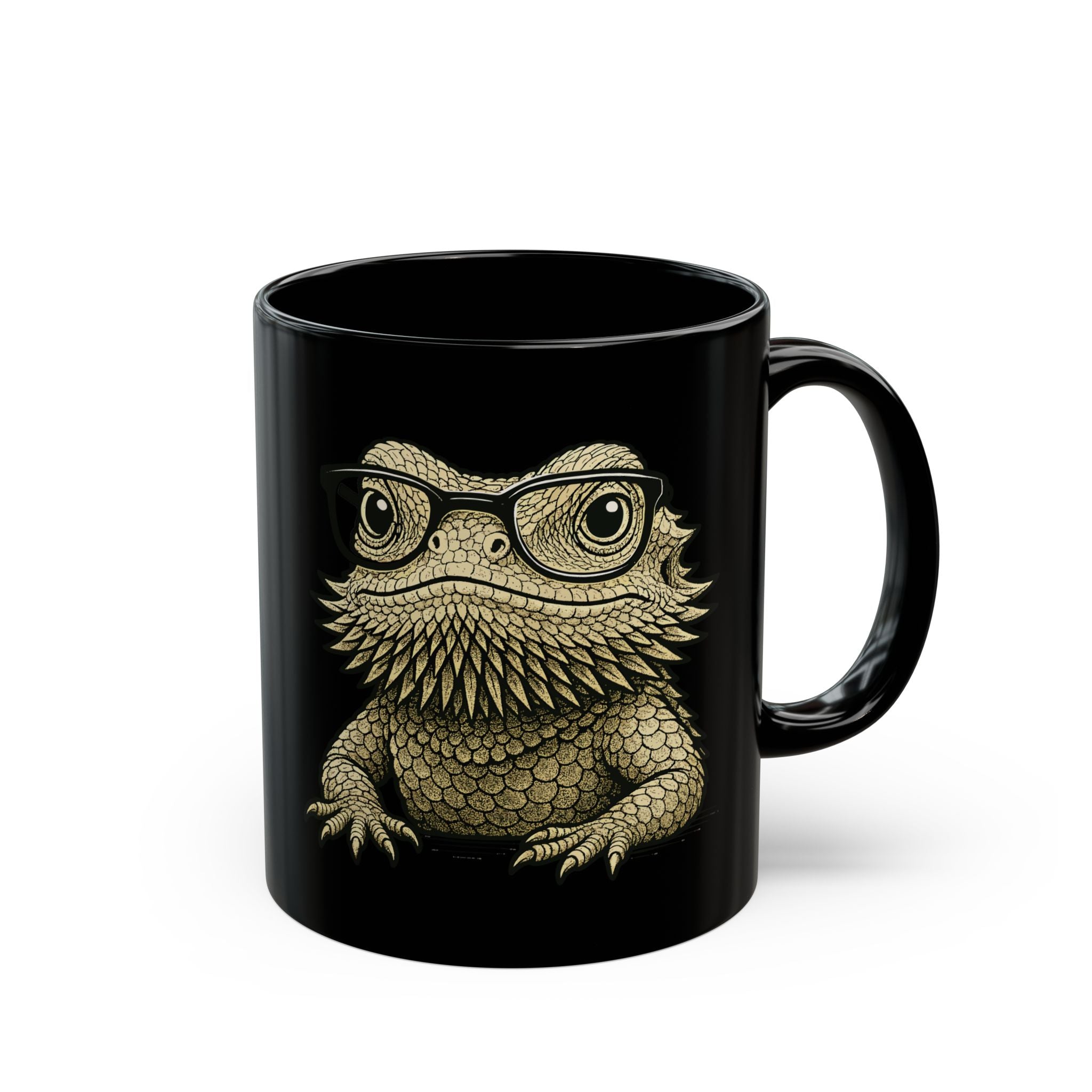 Personalised bearded dragon black mug with custom name - illustrated beardie with glasses front view