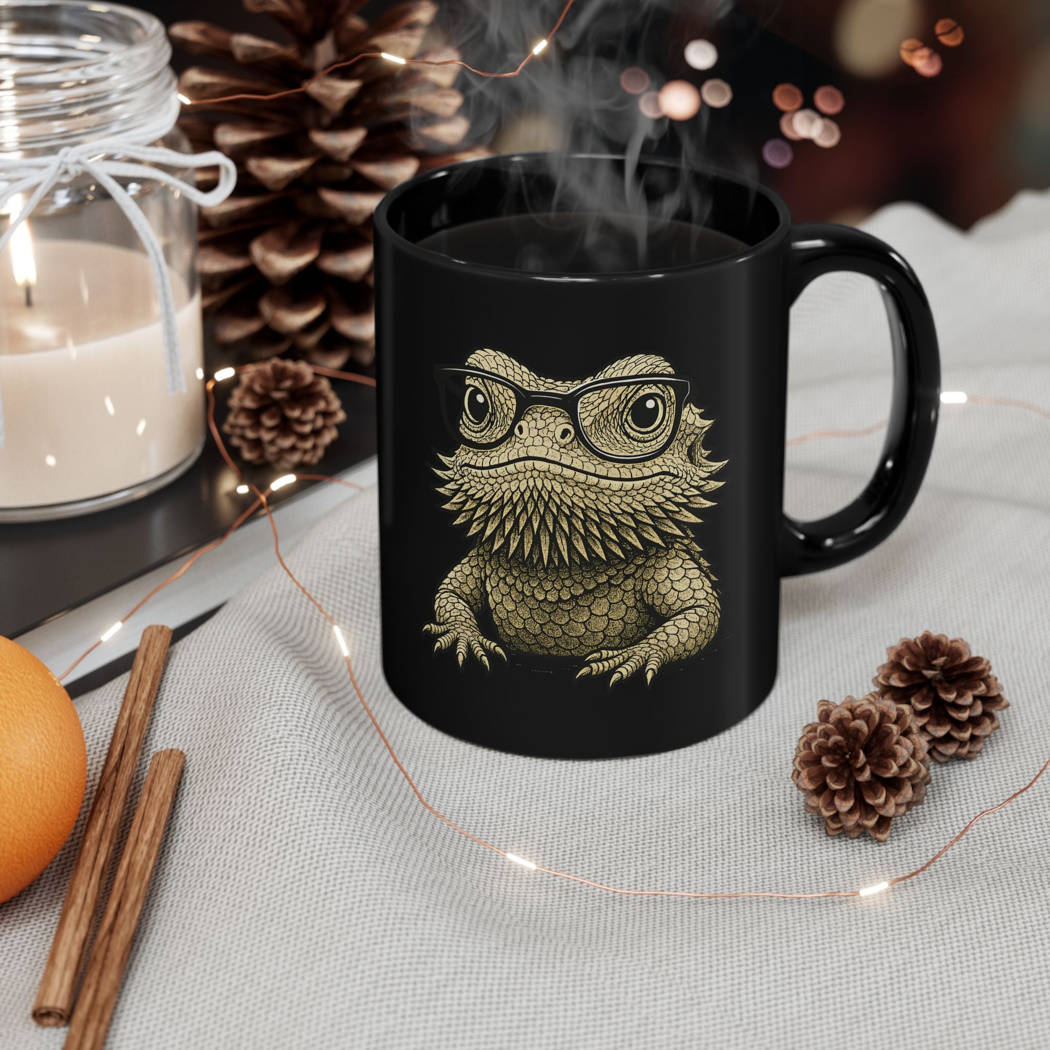 Bearded dragon black mug in cosy setting - lifestyle photo