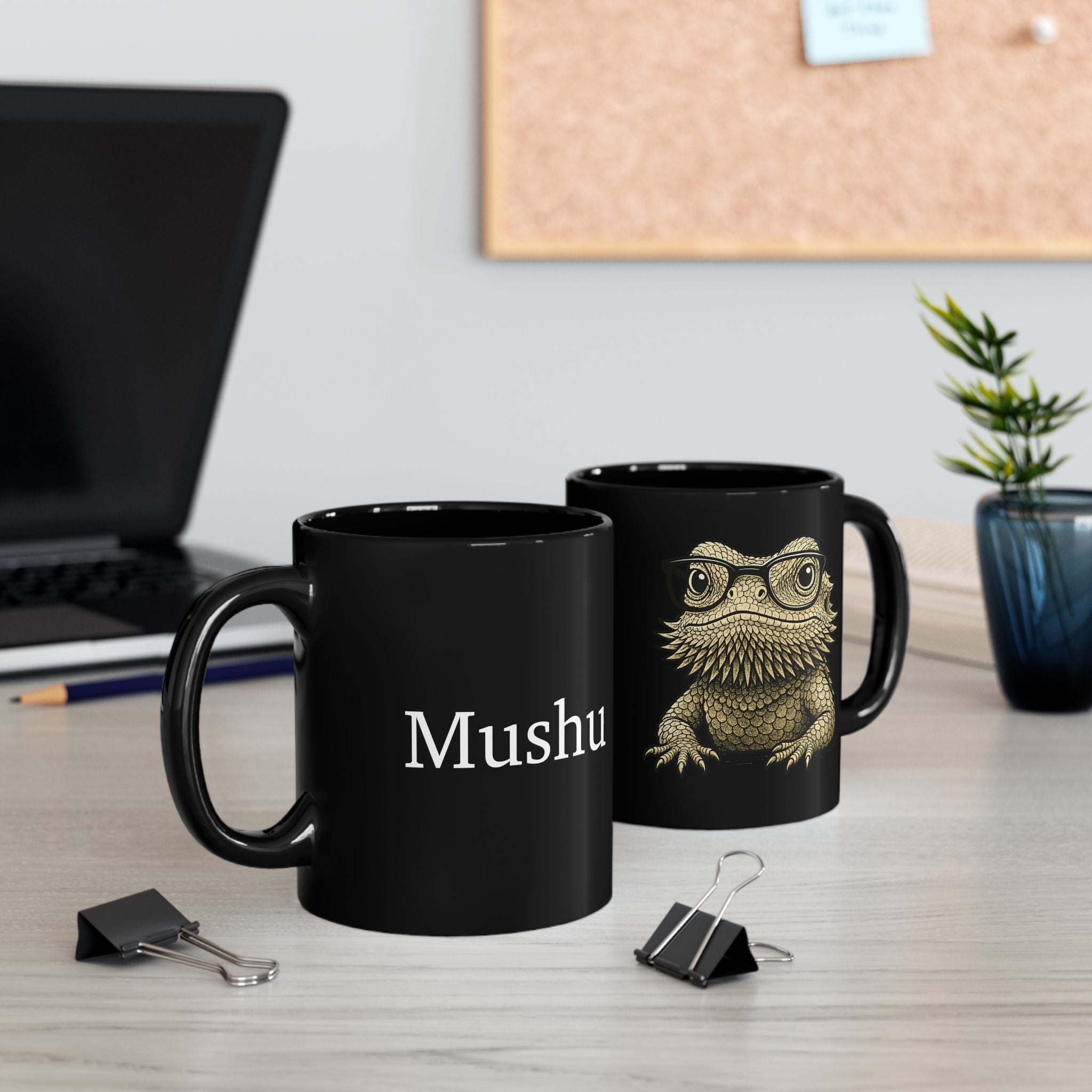Personalised bearded dragon black mug on desk - lifestyle photo