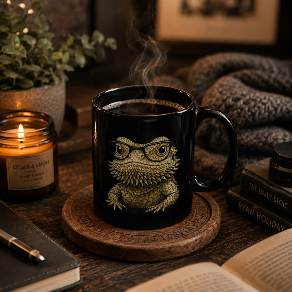 Bearded dragon black mug with illustrated beardie wearing glasses, styled with candle, books, and cozy blanket