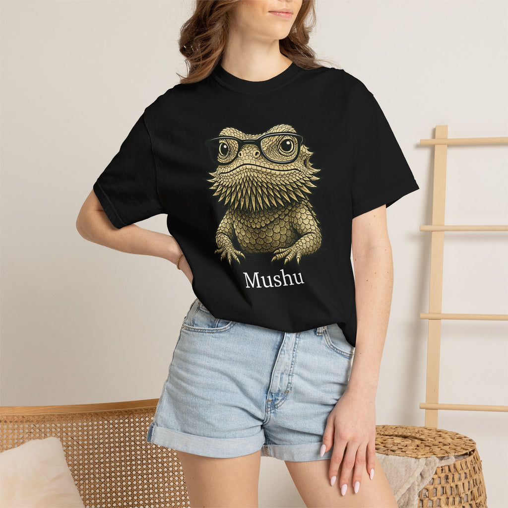 Woman wearing personalised bearded dragon T-shirt - lifestyle photo