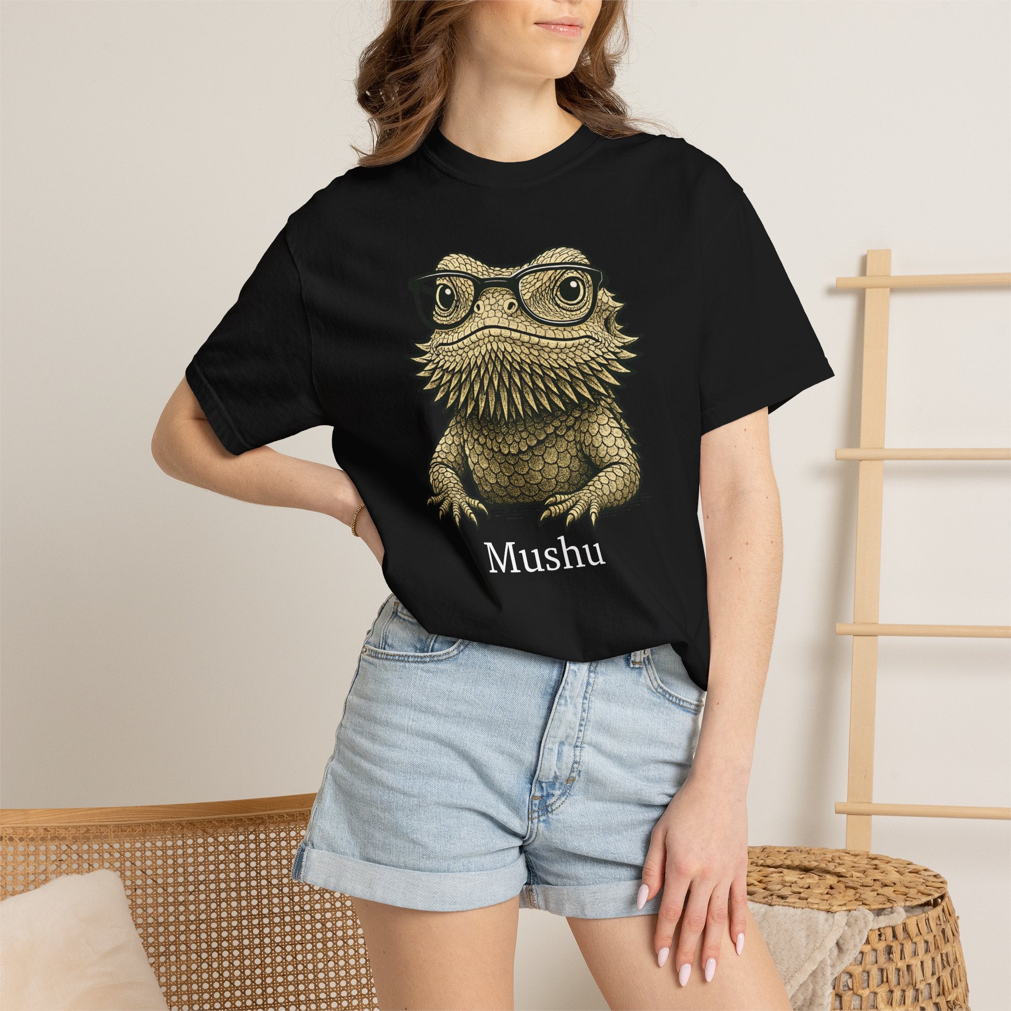 Woman wearing personalised bearded dragon T-shirt - lifestyle photo