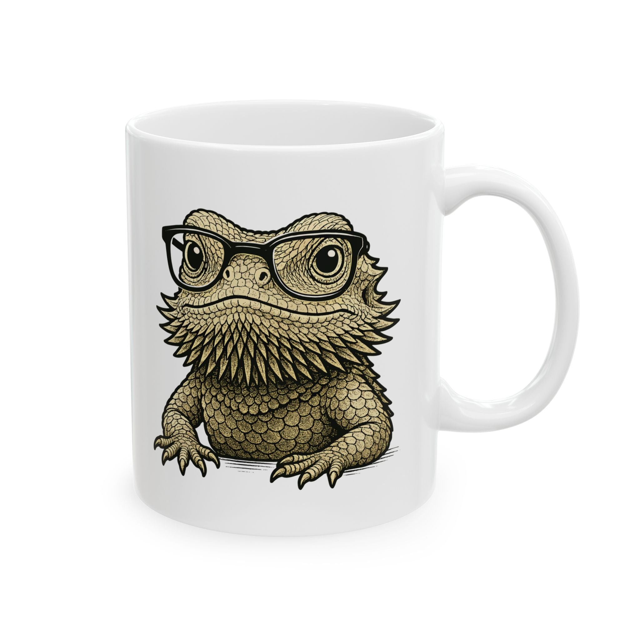 Personalised bearded dragon mug with custom name - bearded dragon with glasses illustration on white 11oz ceramic mug