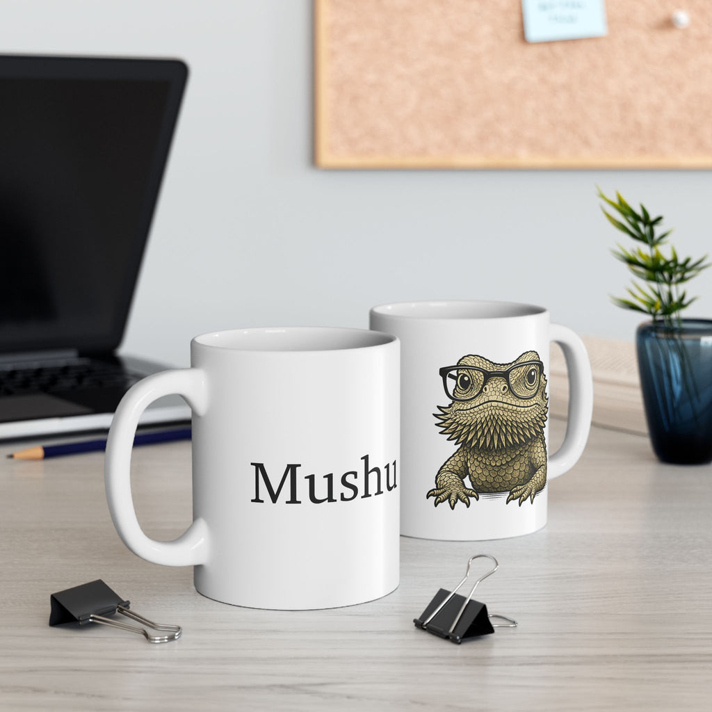Personalised bearded dragon mug on desk - lifestyle photo