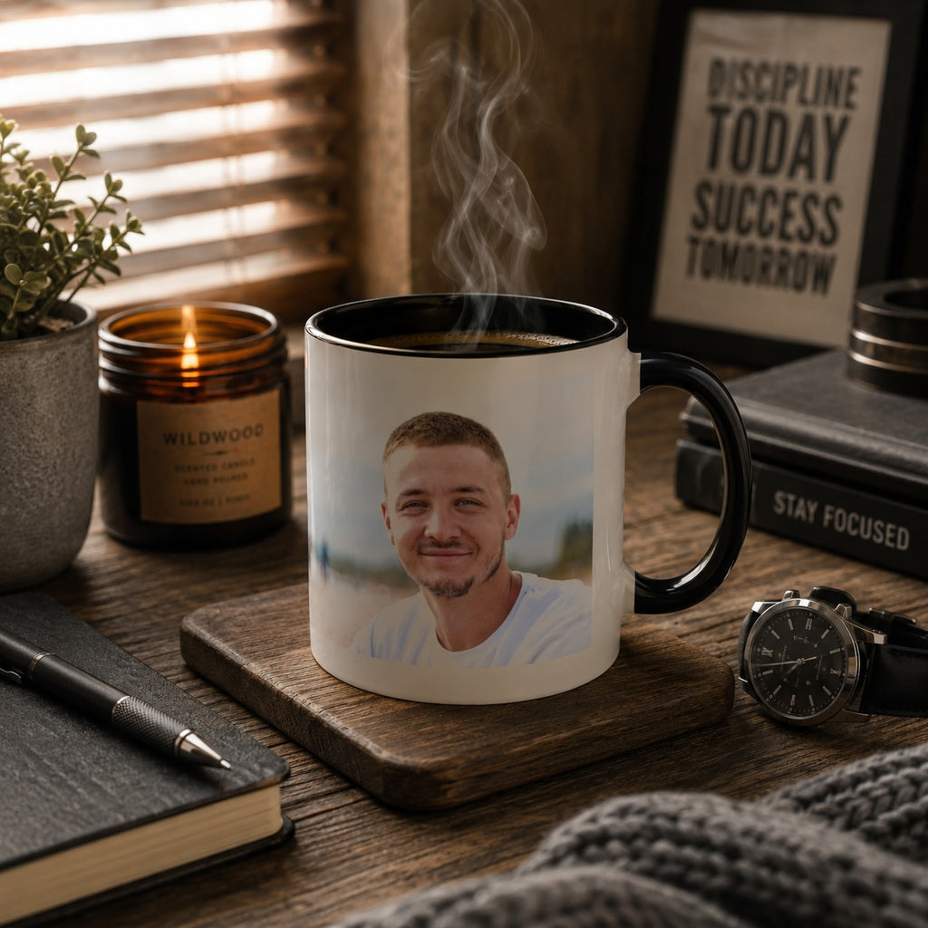 Best Dad colour-changing mug shown with a personalized custom photo of a smiling man printed on the ceramic