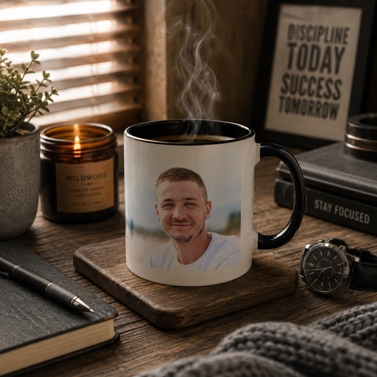 Best Dad colour-changing mug shown with a personalized custom photo of a smiling man printed on the ceramic