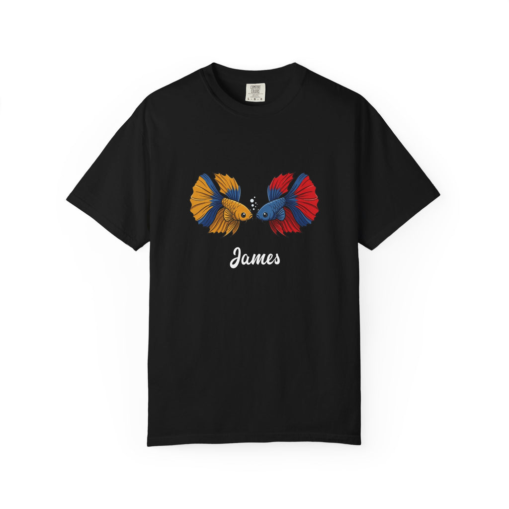 Personalised Betta fish T-shirt with custom name - two colourful fish illustration front view