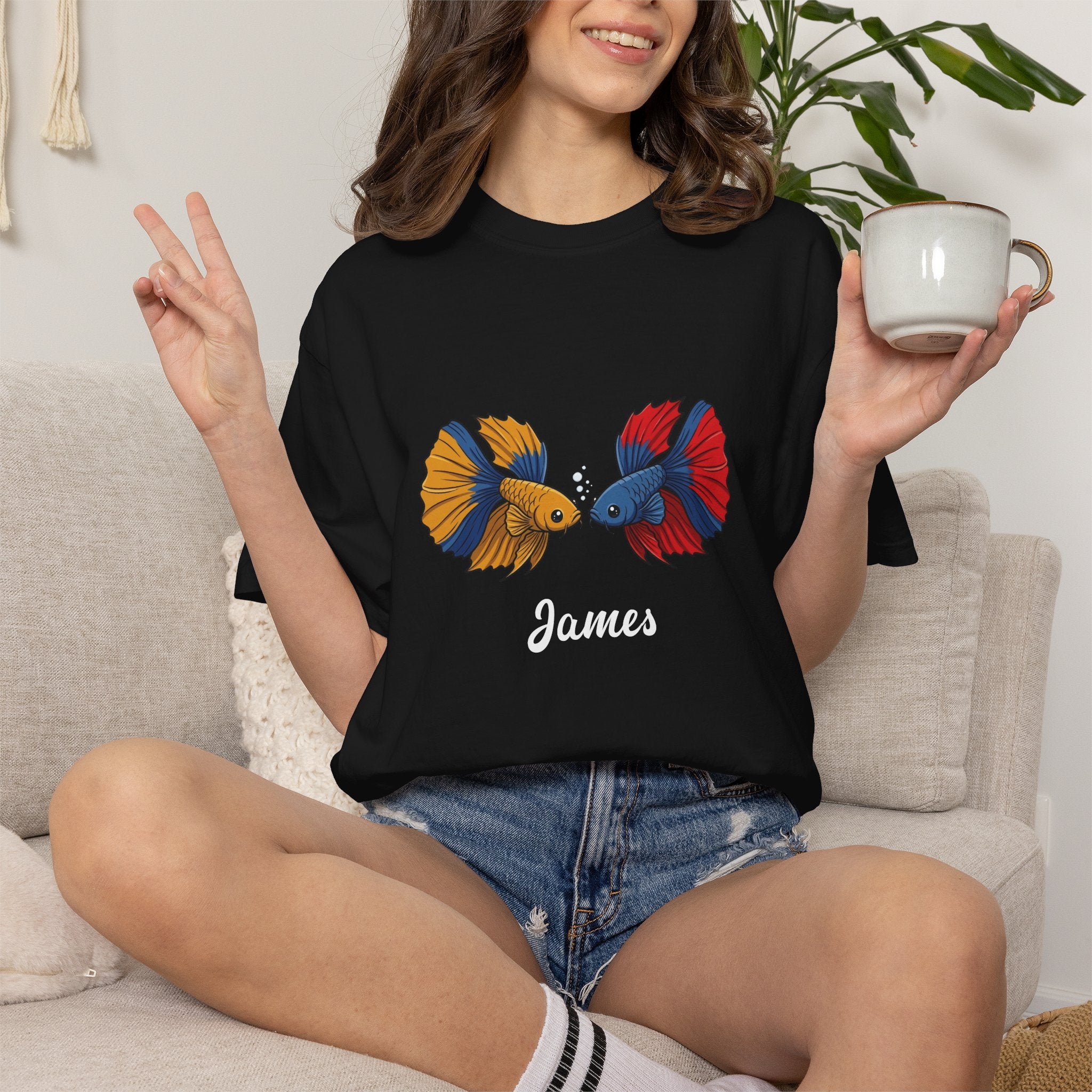 Man wearing personalised Betta fish T-shirt - lifestyle photo