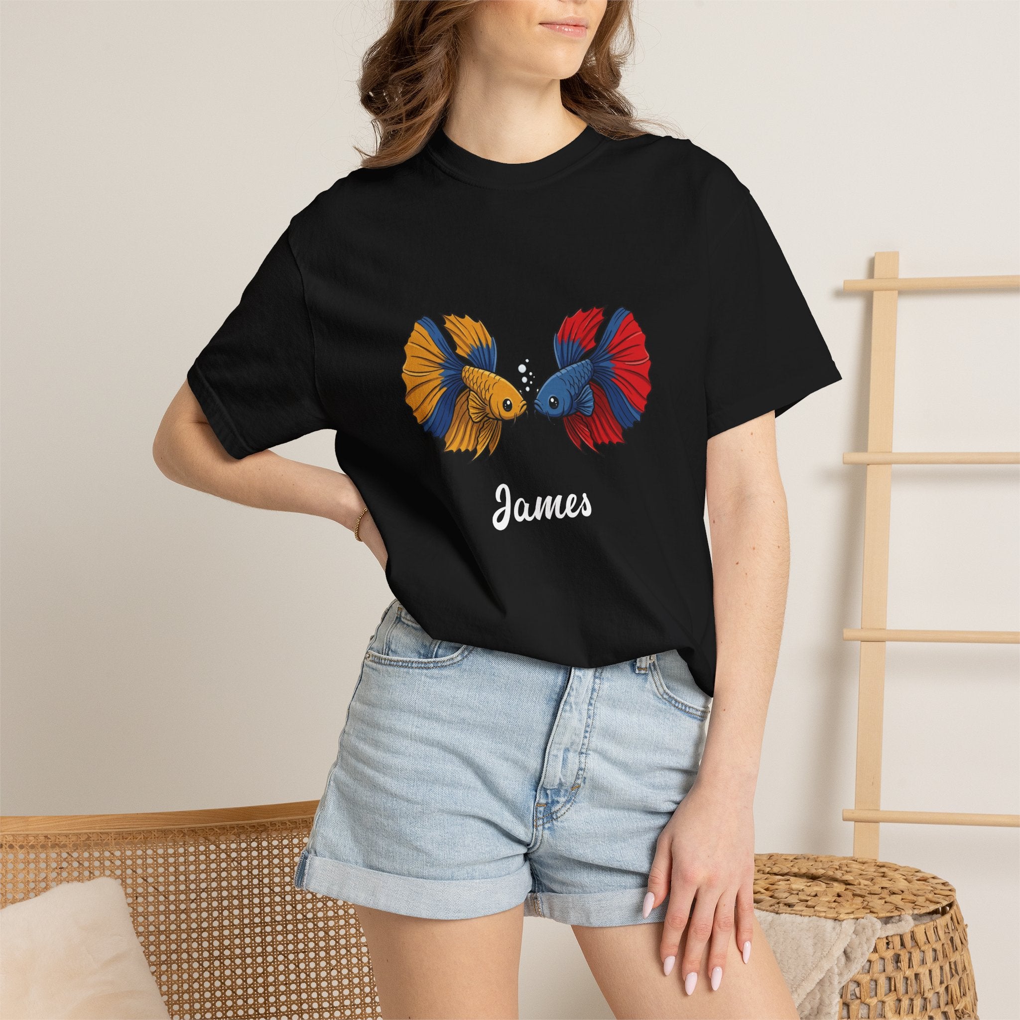 Woman wearing personalised Betta fish T-shirt - lifestyle photo