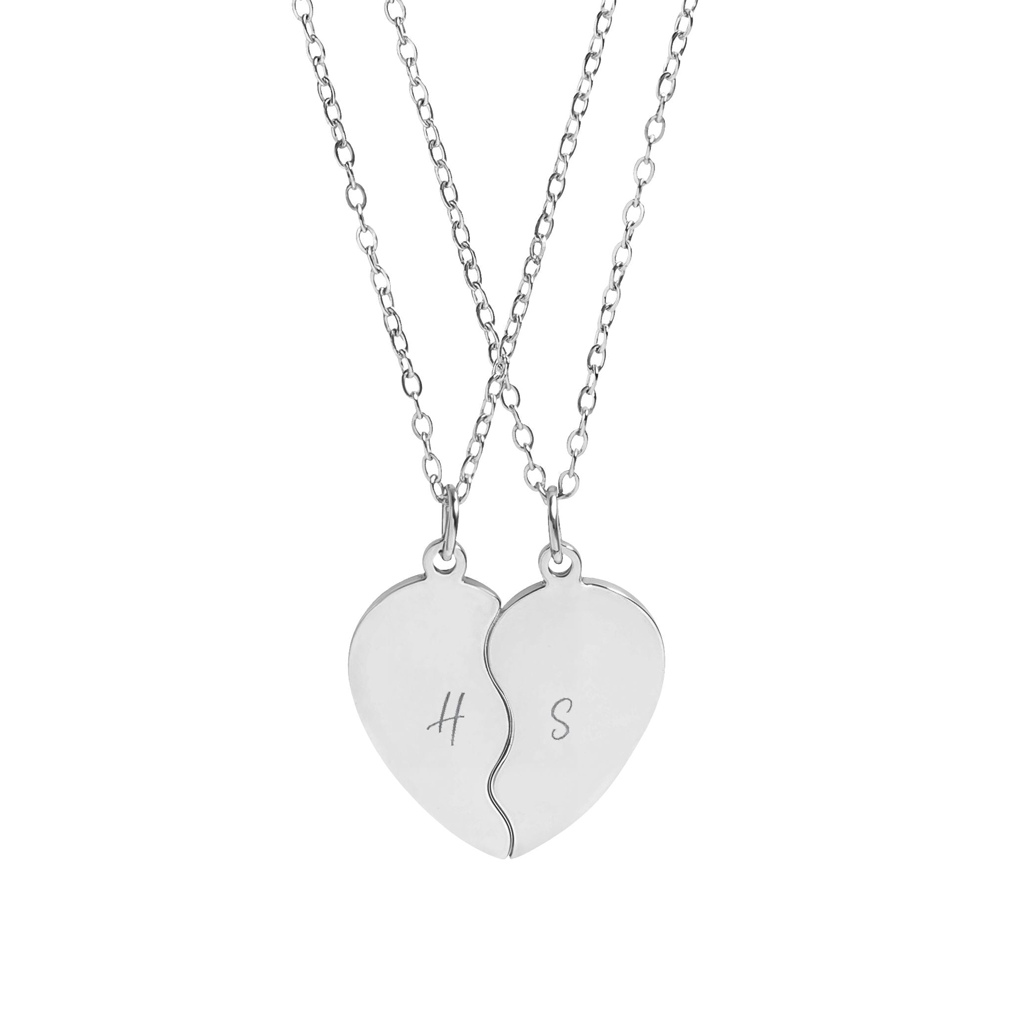 Break apart heart necklace set close-up of engraved initials