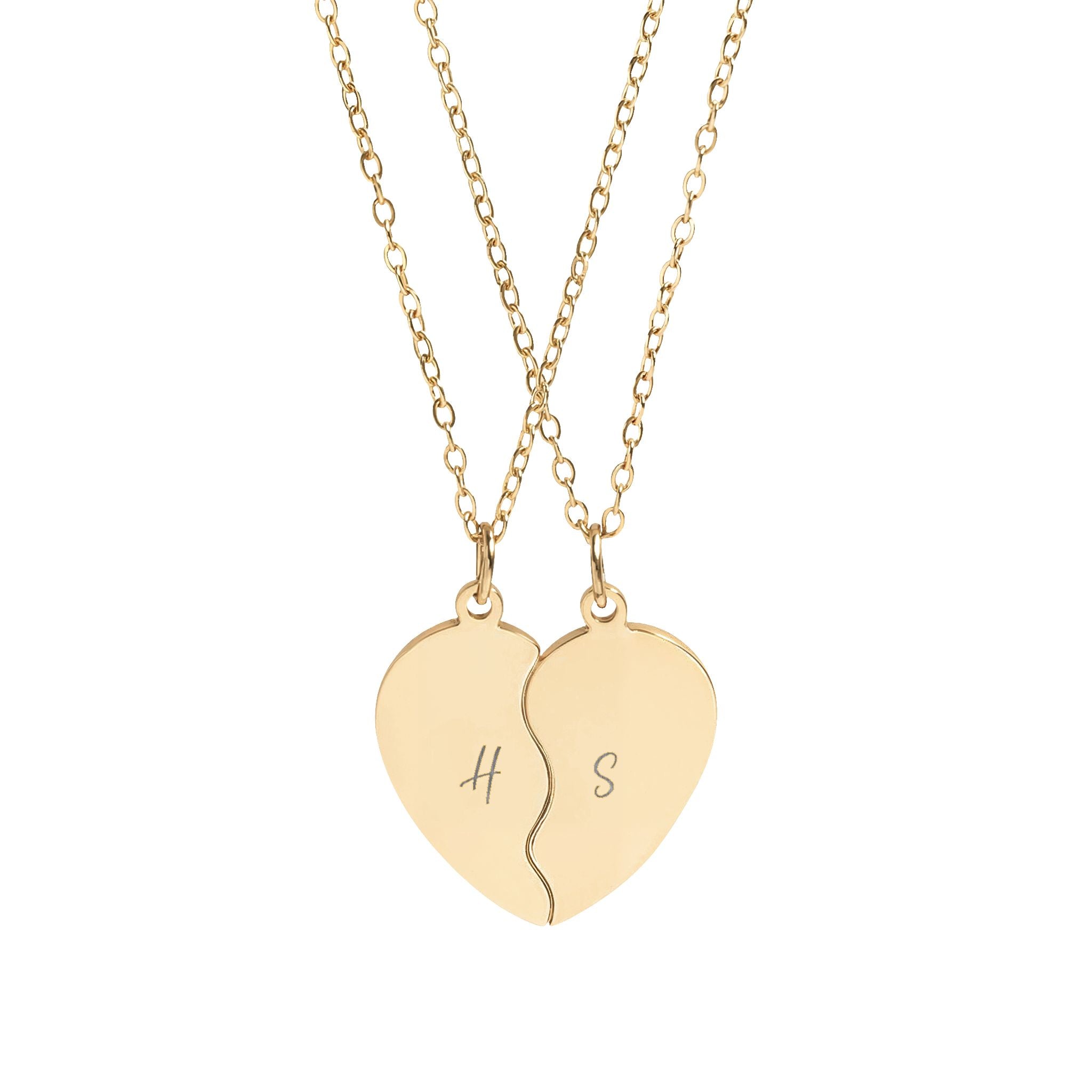 Break apart heart necklace set with engraved initials in gold, main view