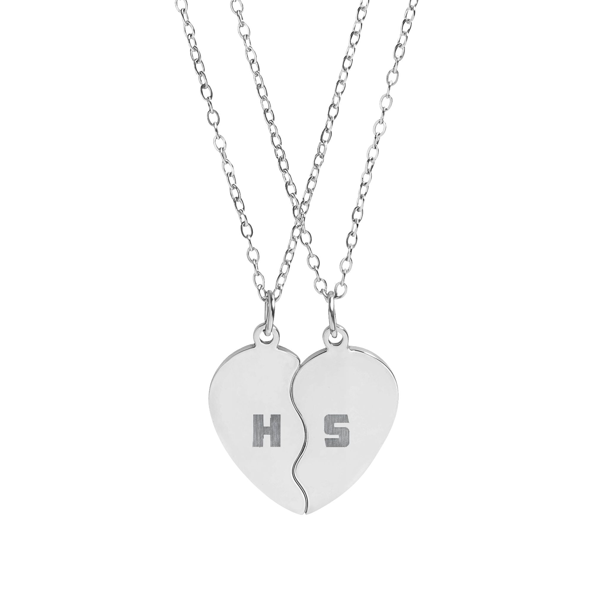 Break apart heart necklace set close-up of engraved initials