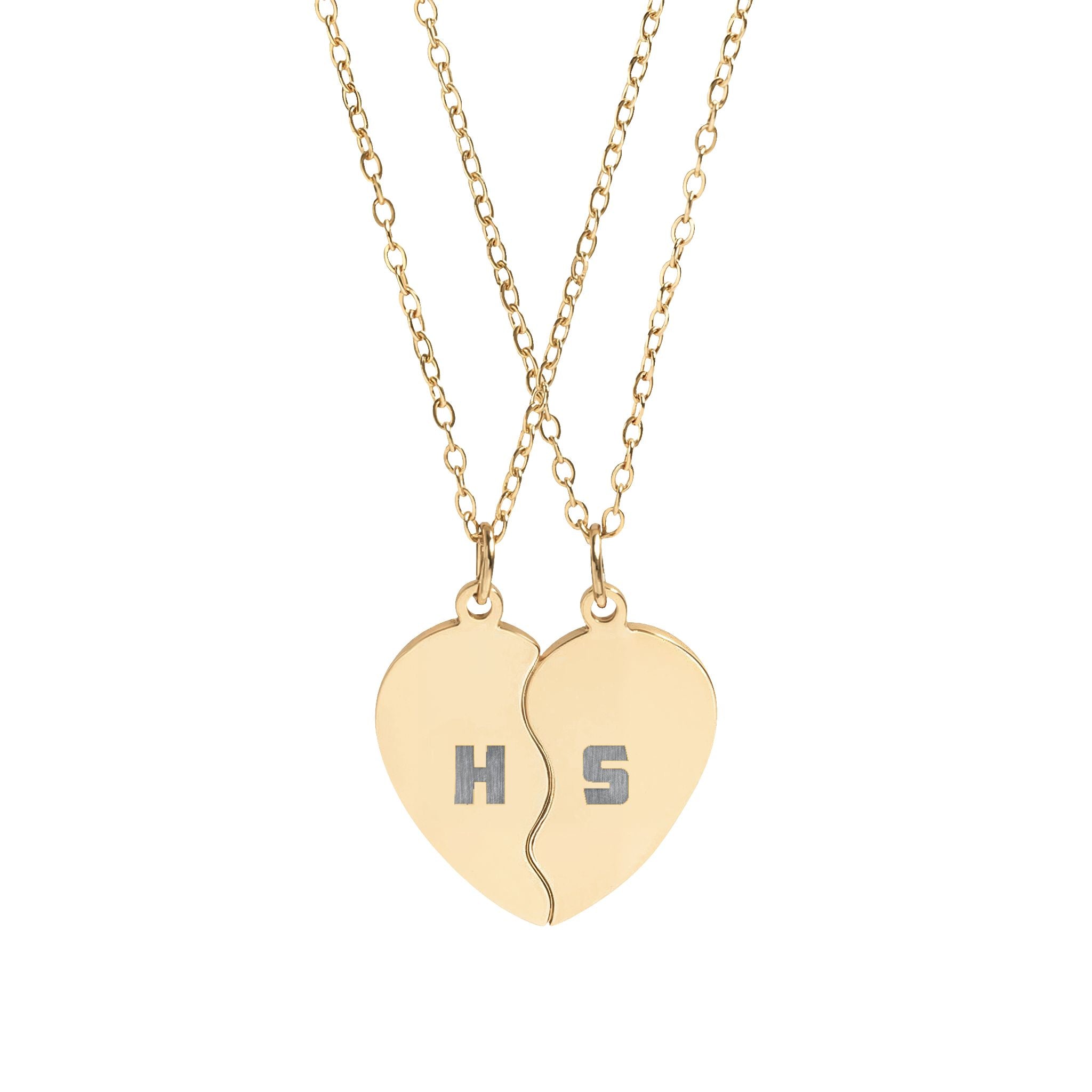 Break apart heart necklace set with engraved initials in silver, main view